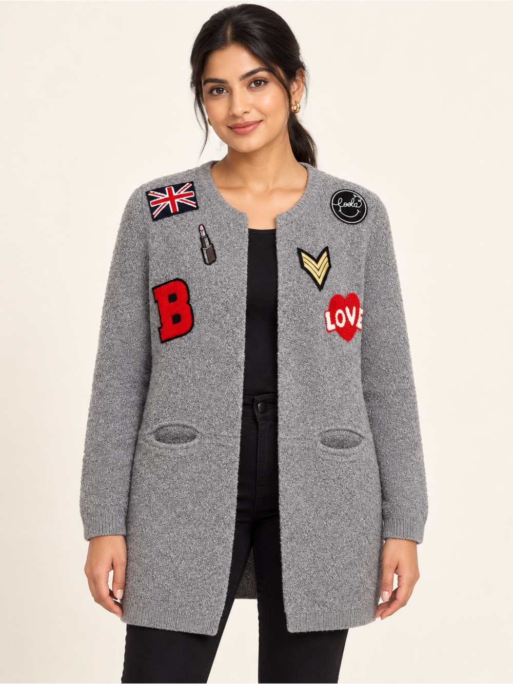 Jennyfer Grey Patch Longline Cardigan Varsity Embroidered Sweater M
